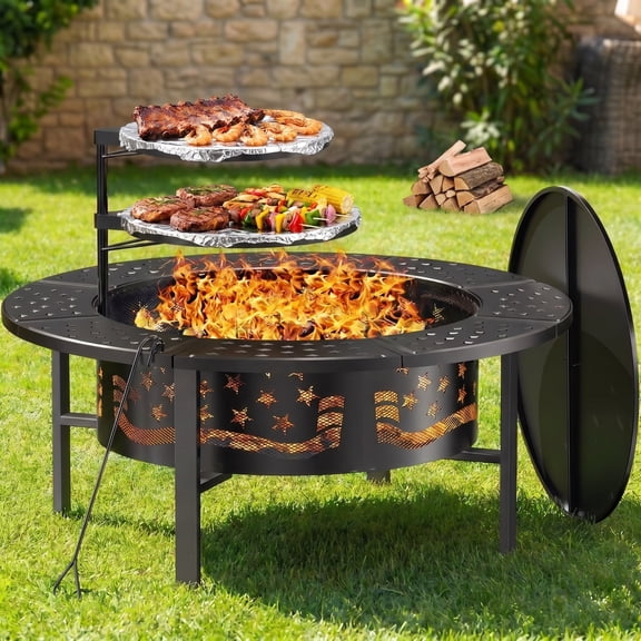 TrumanPick Fire Pit for Outside 42" Wood Burning Fire Pit Tables with 2 Adjustable Swivel BBQ Grills, Lid, Poker for Patio Backyard BBQ Ice Storage