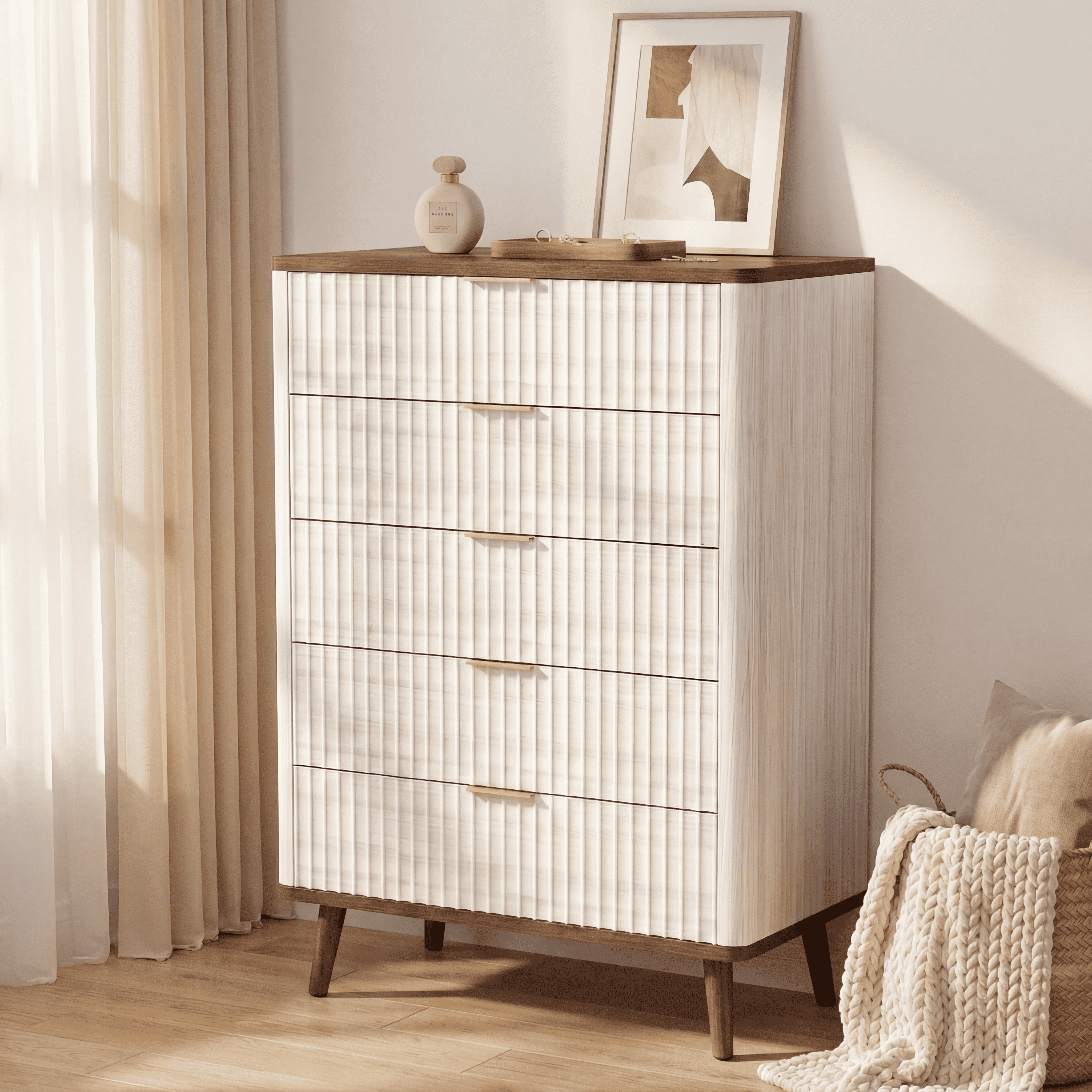 TrumanPick Fluted Dresser for Bedroom with 5 Drawers, 45.4"H Tall Chest of Drawers with Metal Handle, Modern Wooden Dresser for Living Room Closet Hallway, Natural & Walnut