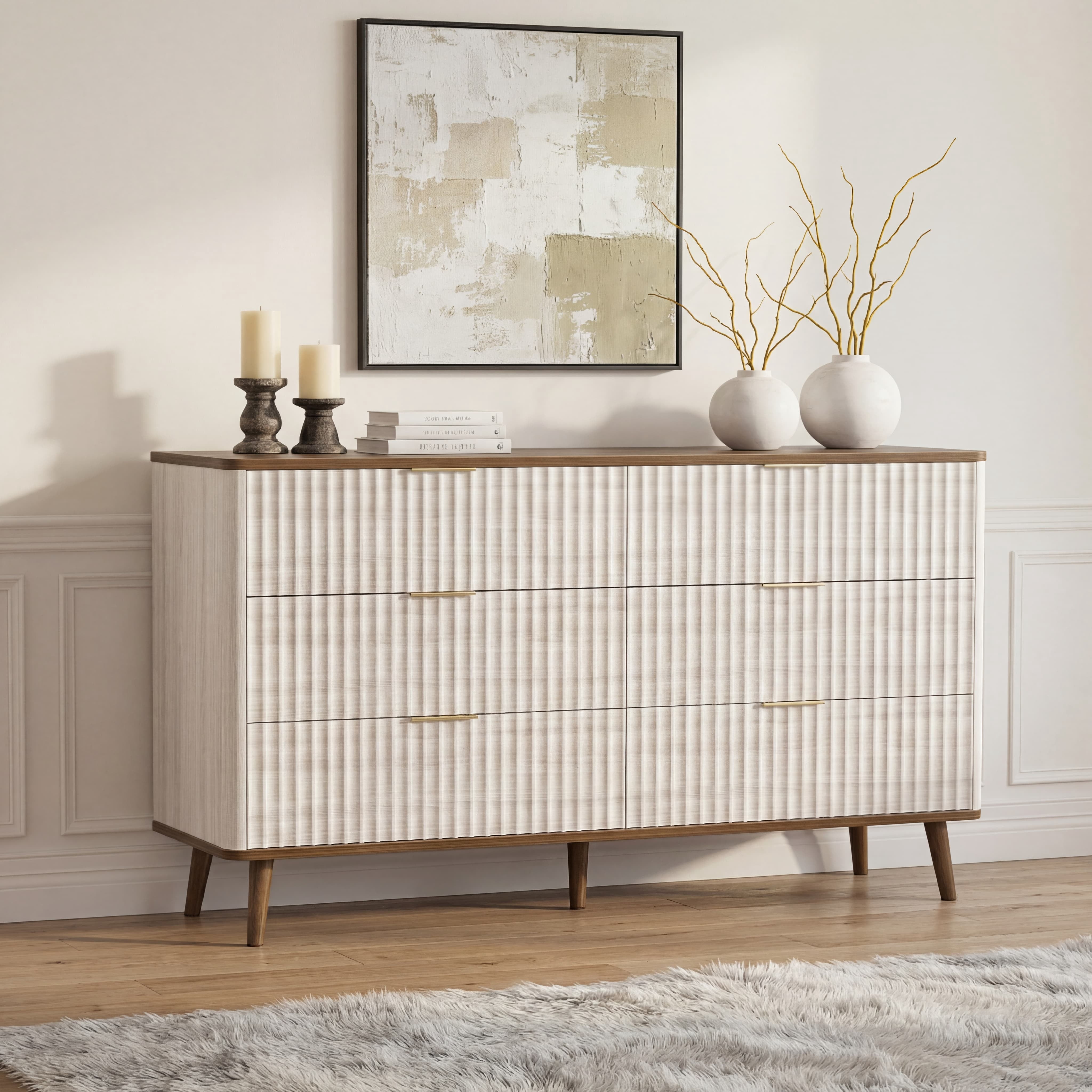 TrumanPick Fluted Dresser for Bedroom with 6 Drawers, 47" Wide Modern Chest of Drawers with Metal Handle, Wooden Dresser for Living Room Closet Hallway, Natural & Walnut