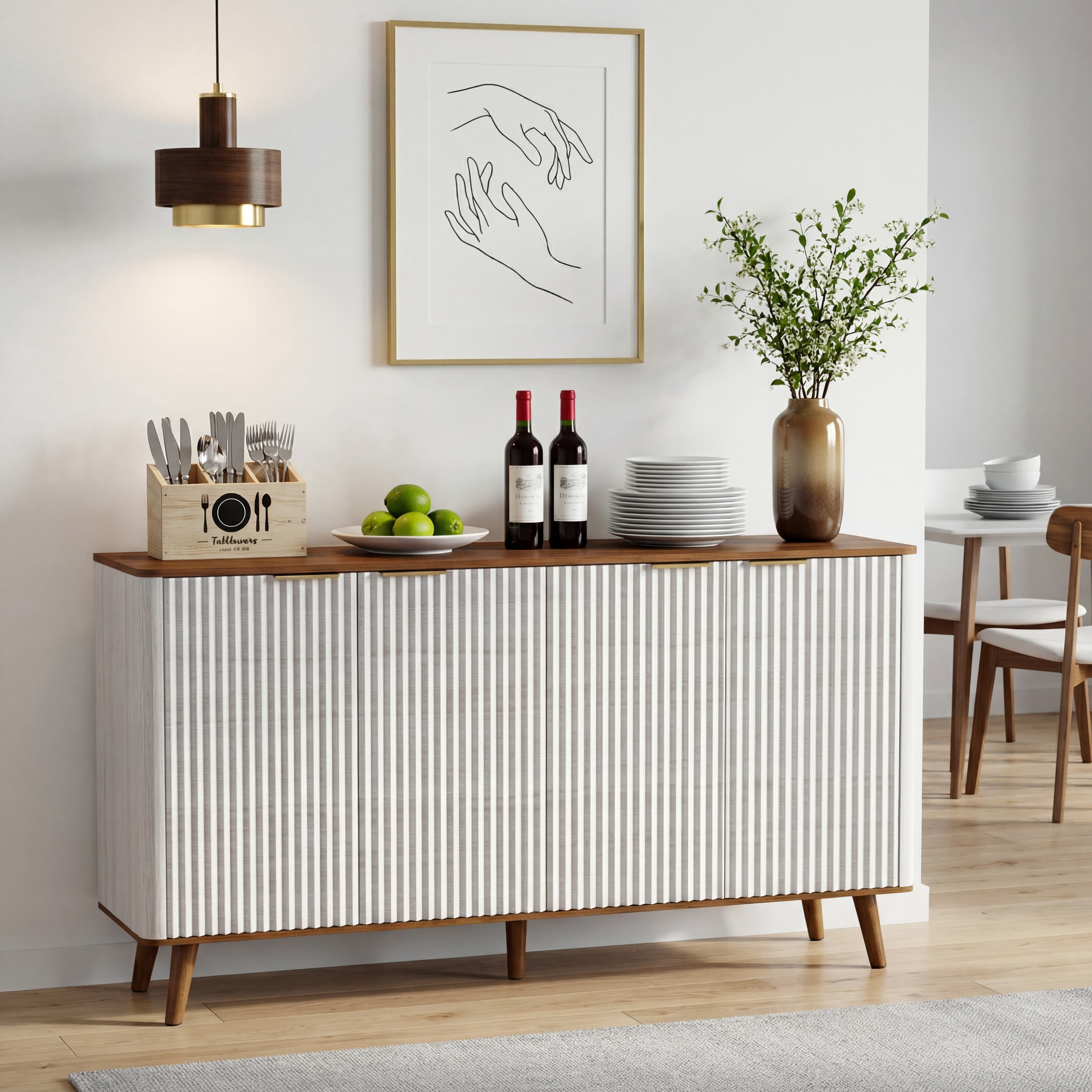 TrumanPick Fluted Sideboard Buffet Cabinet with Adjustable Shelves, Mid-Century Modern 4-Door Credenza for Dining Room Kitchen Living Room, Beige&Walnut 47.5" W x 16" D x 34" H