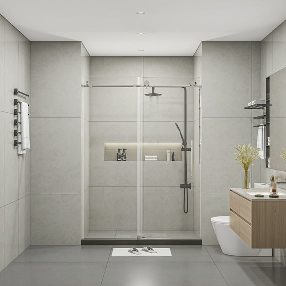 TrumanPick Frameless Shower Door 60" W × 76" H Glass Shower Door with 5/16"(8mm) Clear Tempered Glass, Round Rail, Sliding Shower Doors ,Brushed Nickel Finish