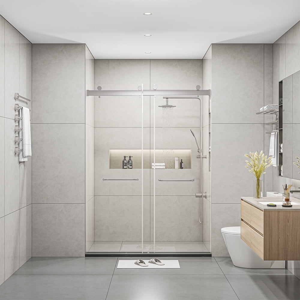 Frameless 60" Clear Glass Sliding Shower Doors with Brushed Nickel Finish