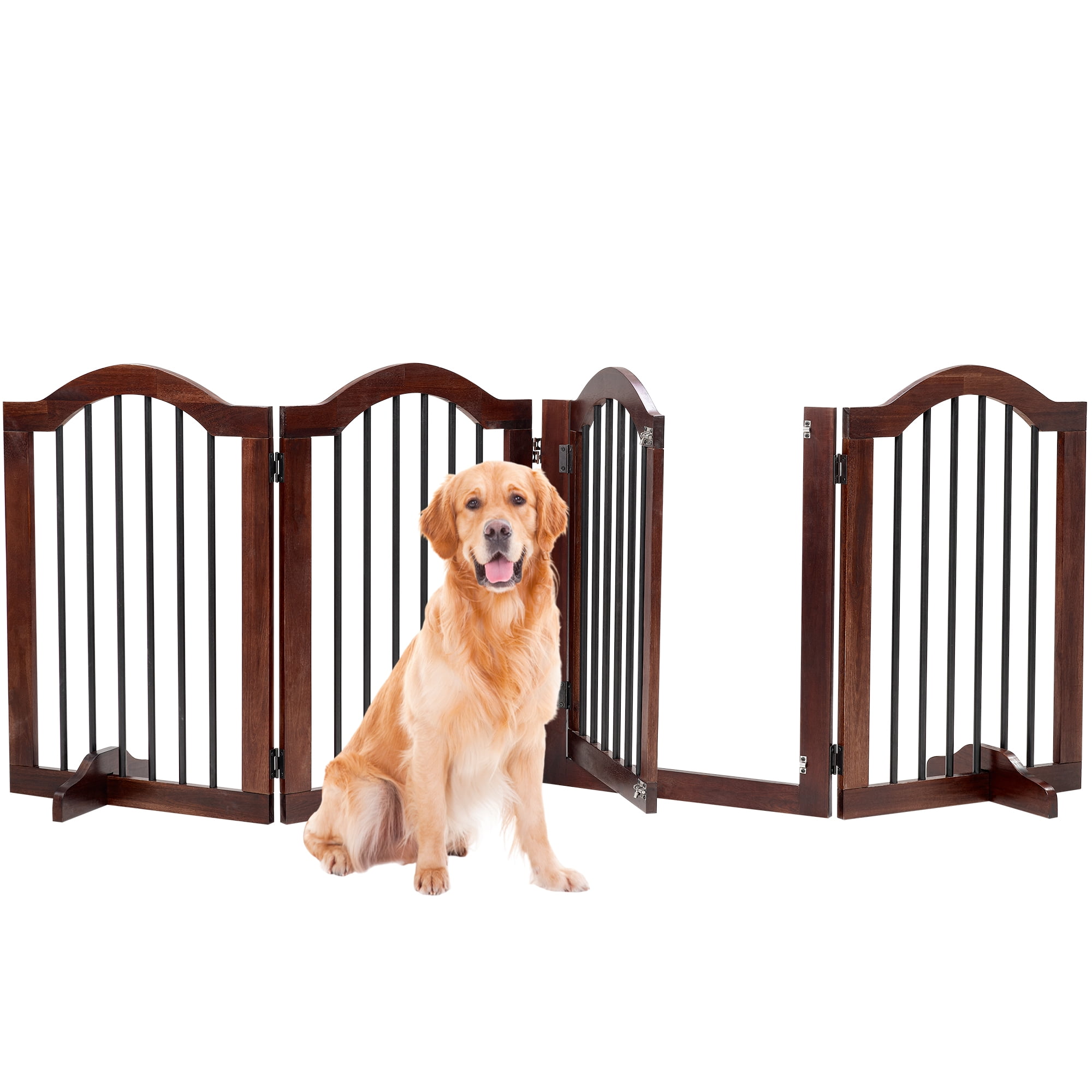 TrumanPick Free Standing Pet Gate with Door 30"H x 84"W Foldable Dog Gate 4 Panels Solid Wooden Dog Fence Indoor with Support Feet for House Doorways Stairs, Brown