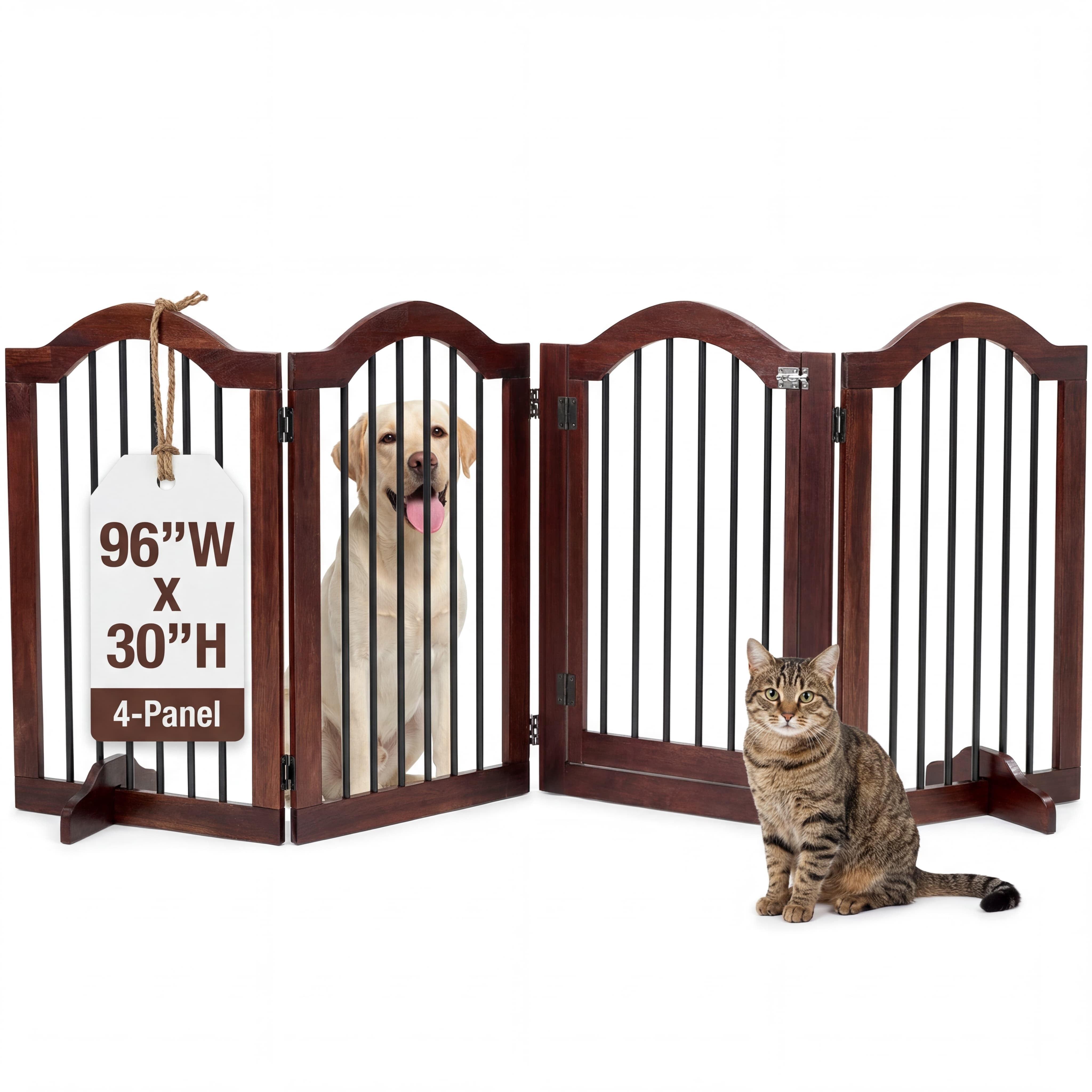 TrumanPick Free Standing Pet Gate with Door 30"H x 96"W Foldable Dog Gate 4 Panels Solid Wooden Dog Fence Indoor with Support Feet for House Doorways Stairs, Brown
