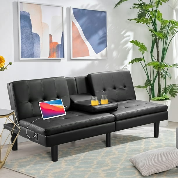 Faux leather futon sofa bed recliner couch sleeper full convertible loveseat cup discount