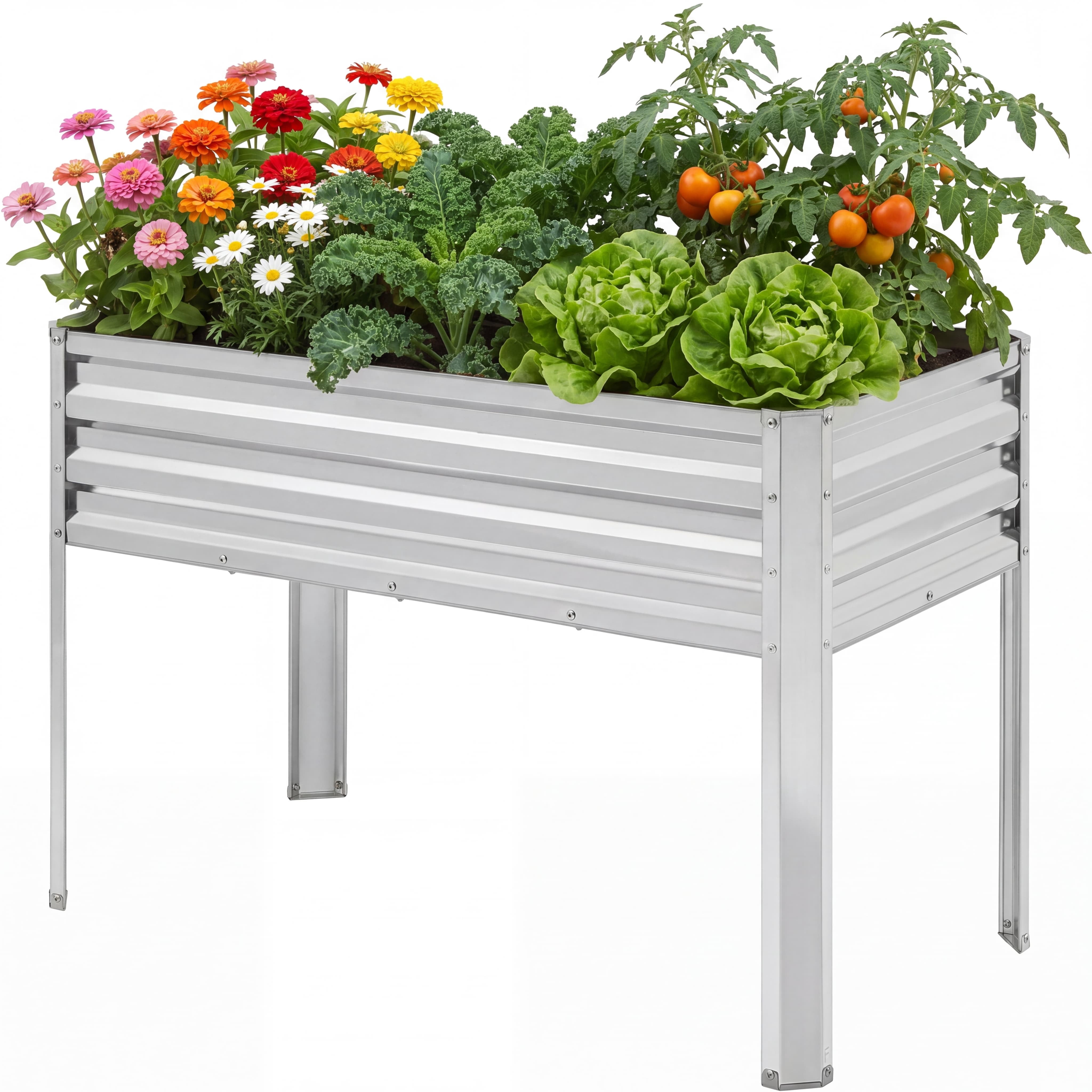 TrumanPick Galvanized Raised Garden Bed with Legs, 4x2x3ft Metal Planter Box, 32"H Ergonomic Standing Planter for Outdoor Patio Backyard, Silver