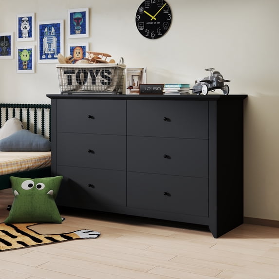 Black Dresser 6 Drawer Dresser Modern Wooden Chest of Drawers for Living Room Hallway Entryway Cloakroom Dressing Room 47"L x 17"W x 33"H