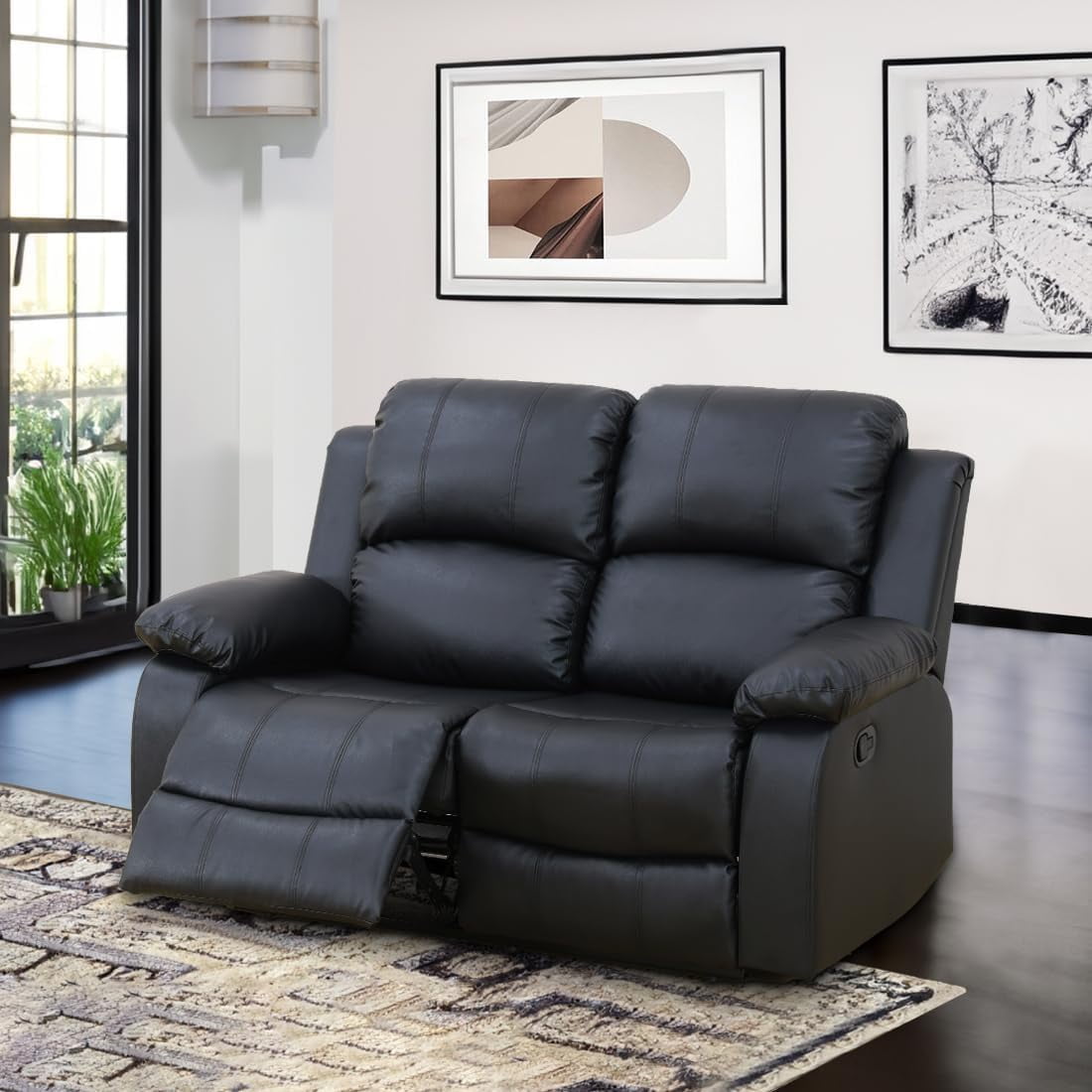 TrumanPick Manual Leather Recliner Chair,2 Seats Overstuffed Rocker Armchair Home Theater Sofa Recliner for Living Room,Black
