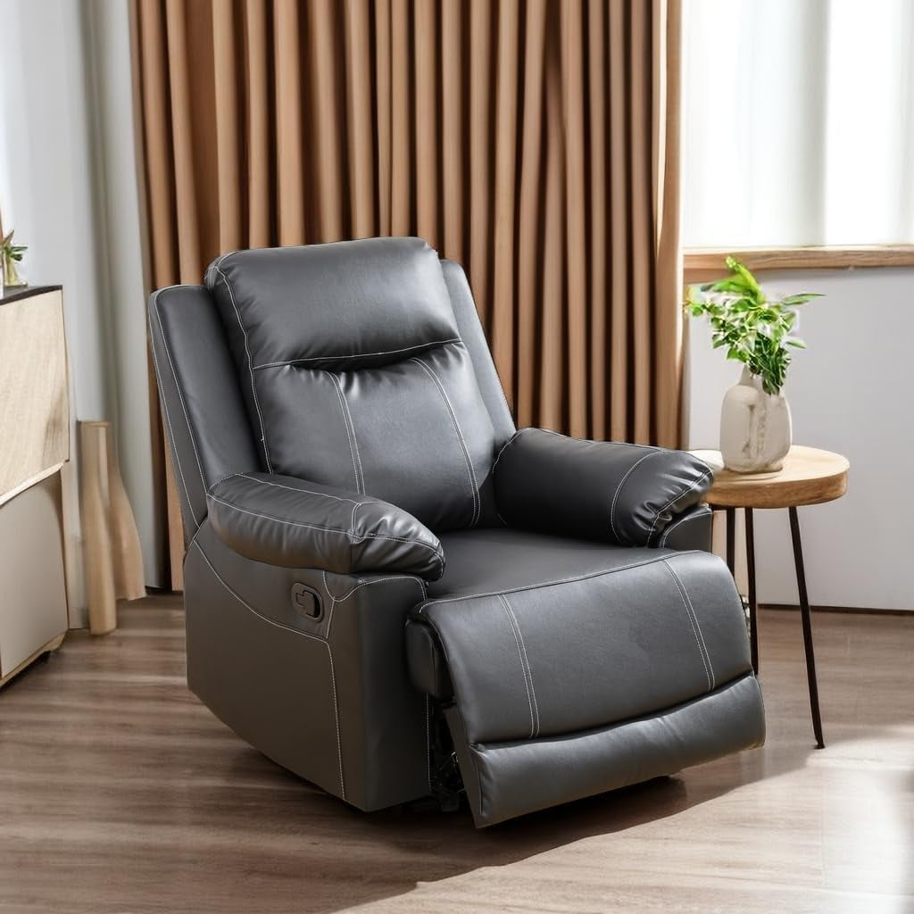 TrumanPick Manual PU Leather Recliner Chair,Overstuffed Recliner Sofa Armchair Home Theater for Living Room, Black