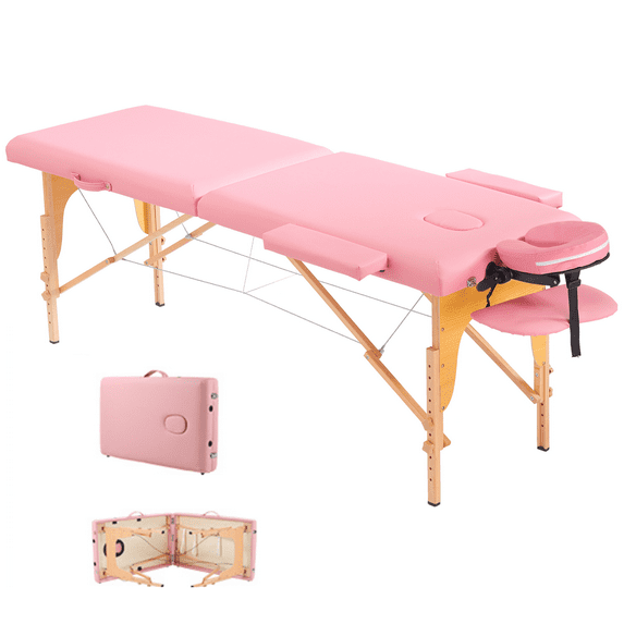 TrumanPick Massage Table Portable 84"L x 32"W Massage Bed 2-Section Foldable Spa Tables High Adjustable Lash Bed with Carrying Case & Face Cradle, Pink