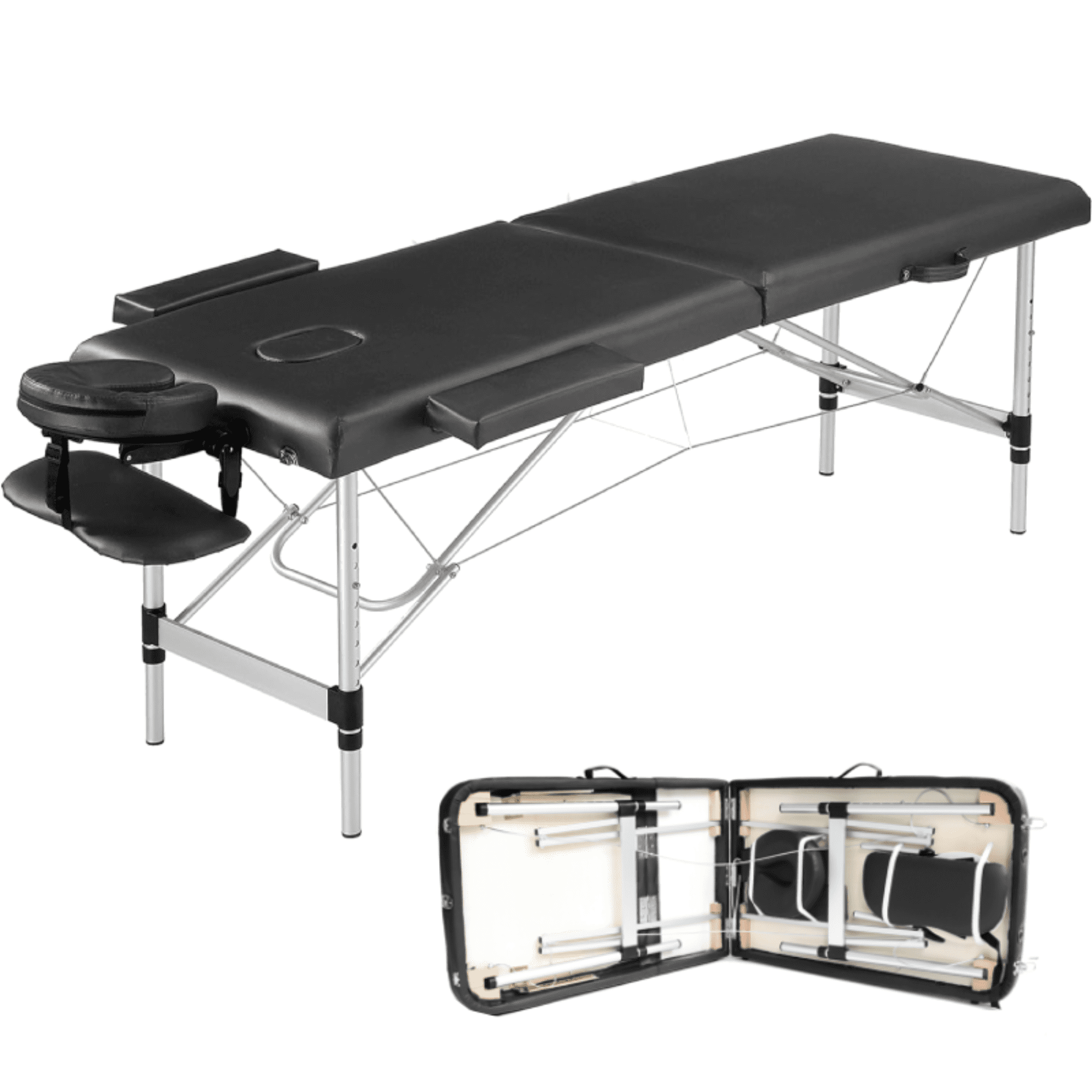 TrumanPick Massage Table Portable 84"L x 32"W Massage Bed 2-Section Foldable Spa Tables Aluminum Lash Bed with Carrying Case & Face Cradle, Hight Adjustable, Black