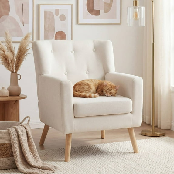 TrumanPick Mid Century Accent Chairs, Tufted Modern Living Room Armchair Single Sofa Lounge Chair for Bedroom, Beige