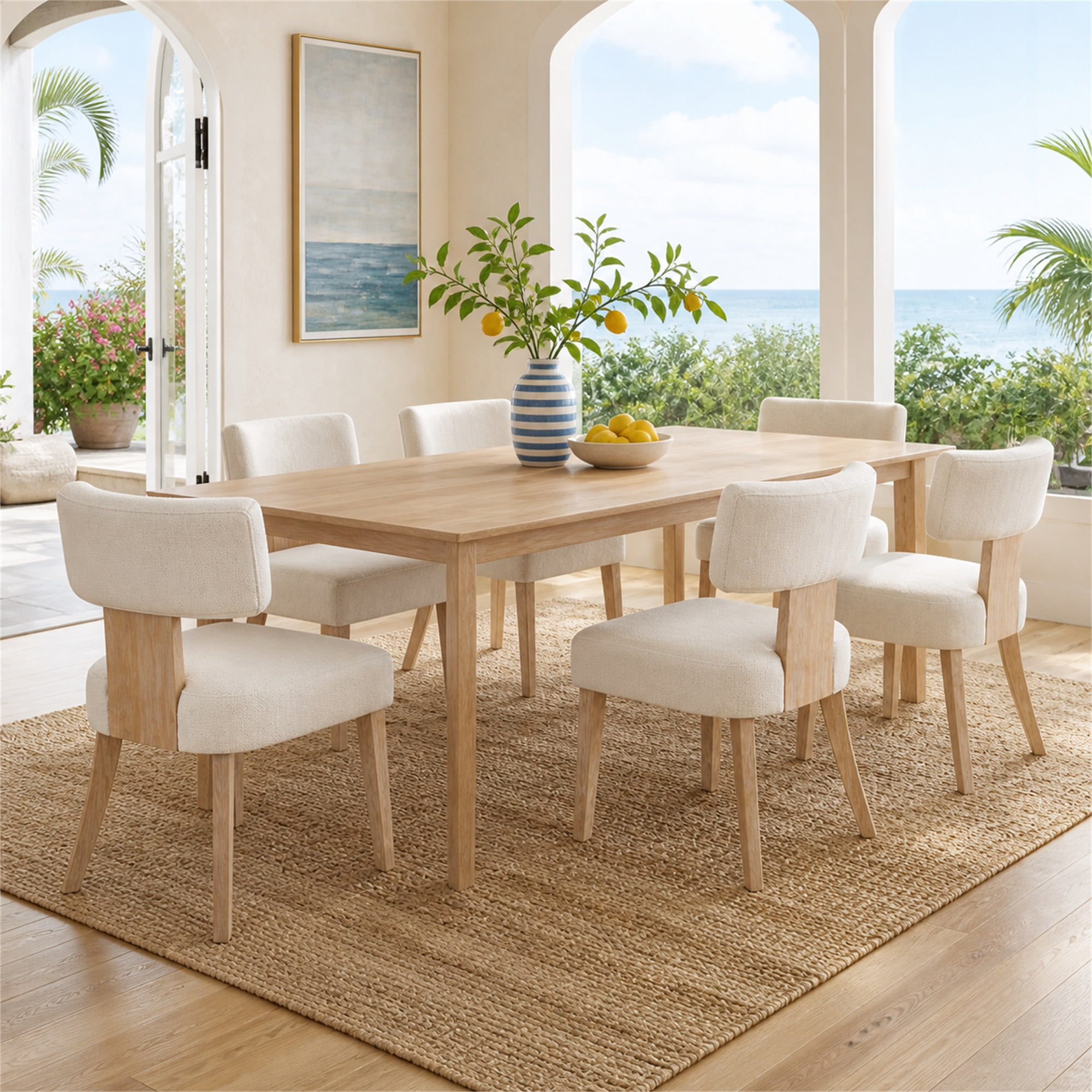 TrumanPick Mid Century Modern Dining Chairs Set of 6, Beige Upholstered Farmhouse Dining Room Chairs with Curved Backrest & Thick Cushion, Solid Wood Legs for Kitchen, Restaurant