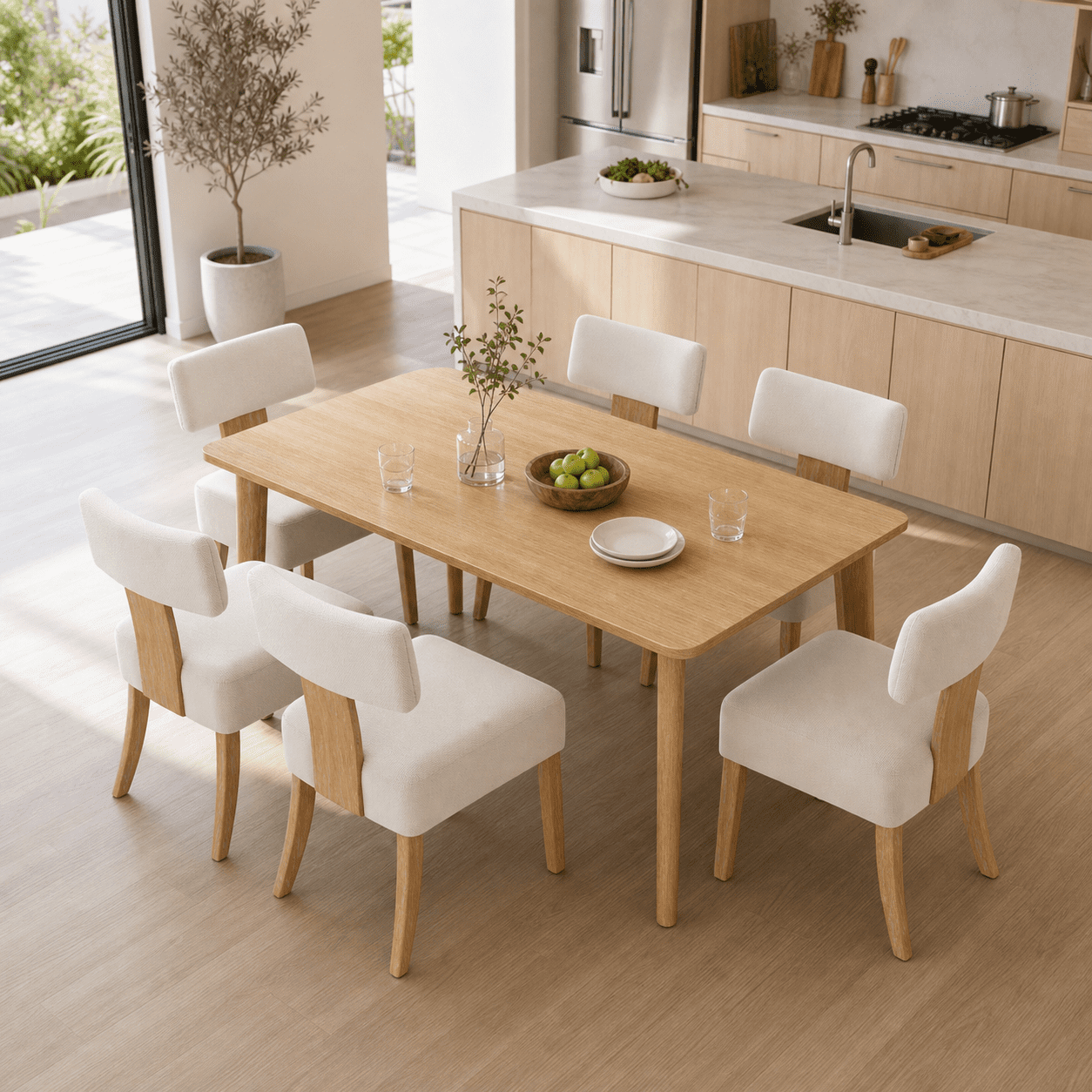 TrumanPick Mid Century Modern Dining Chairs Set of 6, Beige Upholstered Farmhouse Dining Room Chairs with Curved Backrest & Thick Cushion, Solid Wood Legs for Kitchen, Restaurant