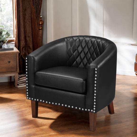 TrumanPick Modern Barrel Accent Chair Faux Leather Club Chair with Solid Wood Frame for Living Room Chair,Black