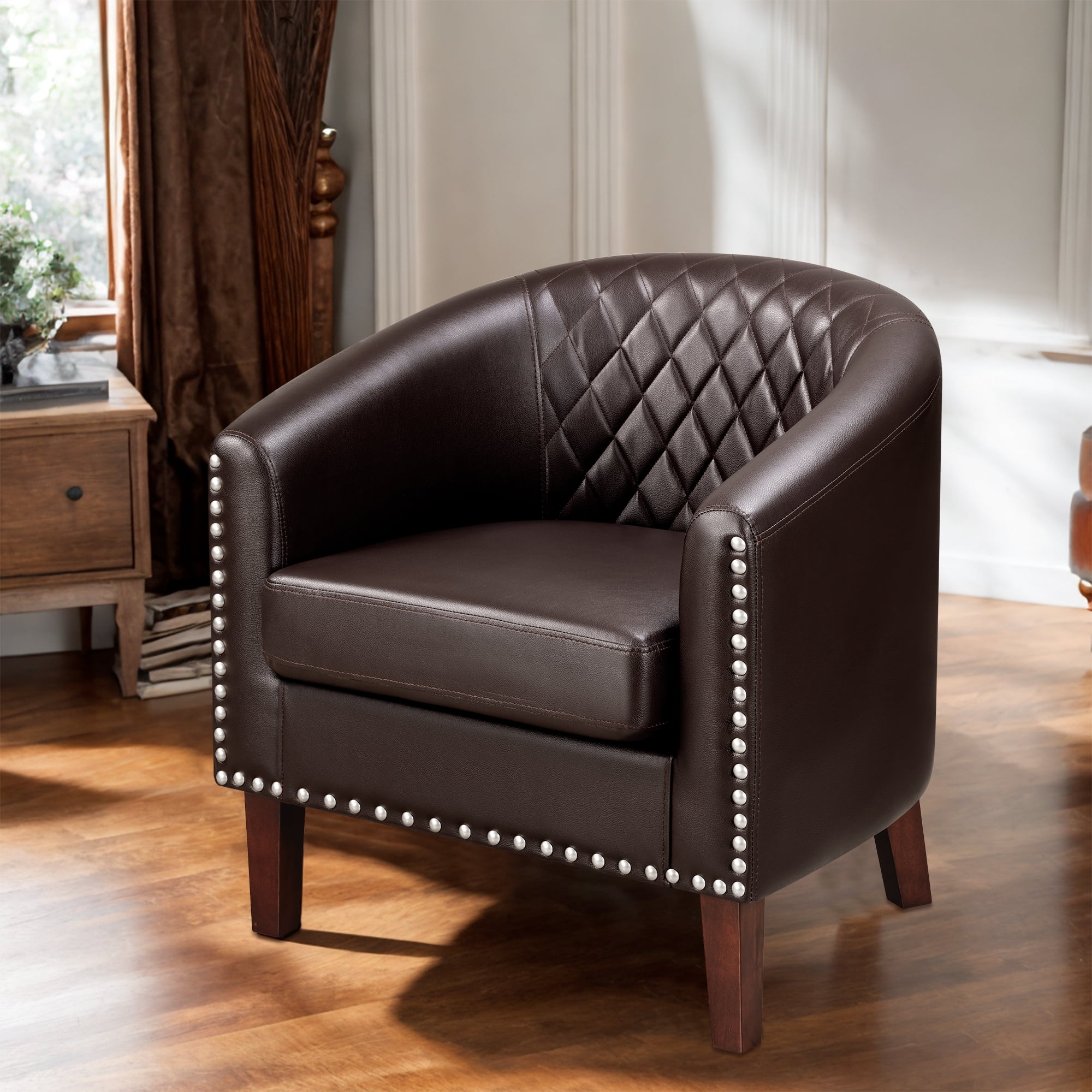 TrumanPick Modern Barrel Accent Chair Faux Leather Club Chair with Solid Wood Frame for Living Room Chair,Brown