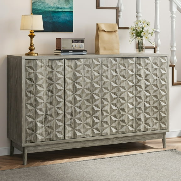 TrumanPick Modern Sideboard Buffet Cabinet with Storage, Accent Cabinet Console Table TV Stand with 4 Diamond-shaped relief Doors for Living Room Dining Room Entryway Hallway Kitchen, Grey