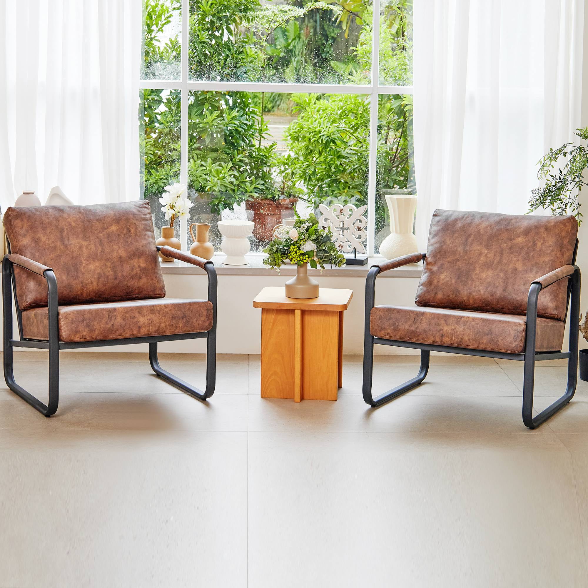 TrumanPick PU Leather Accent Chair Set of 2 Mid-Century Armchair Metal Frame Sofa Chair Comfy Lounge Chair for Living Room, Brown