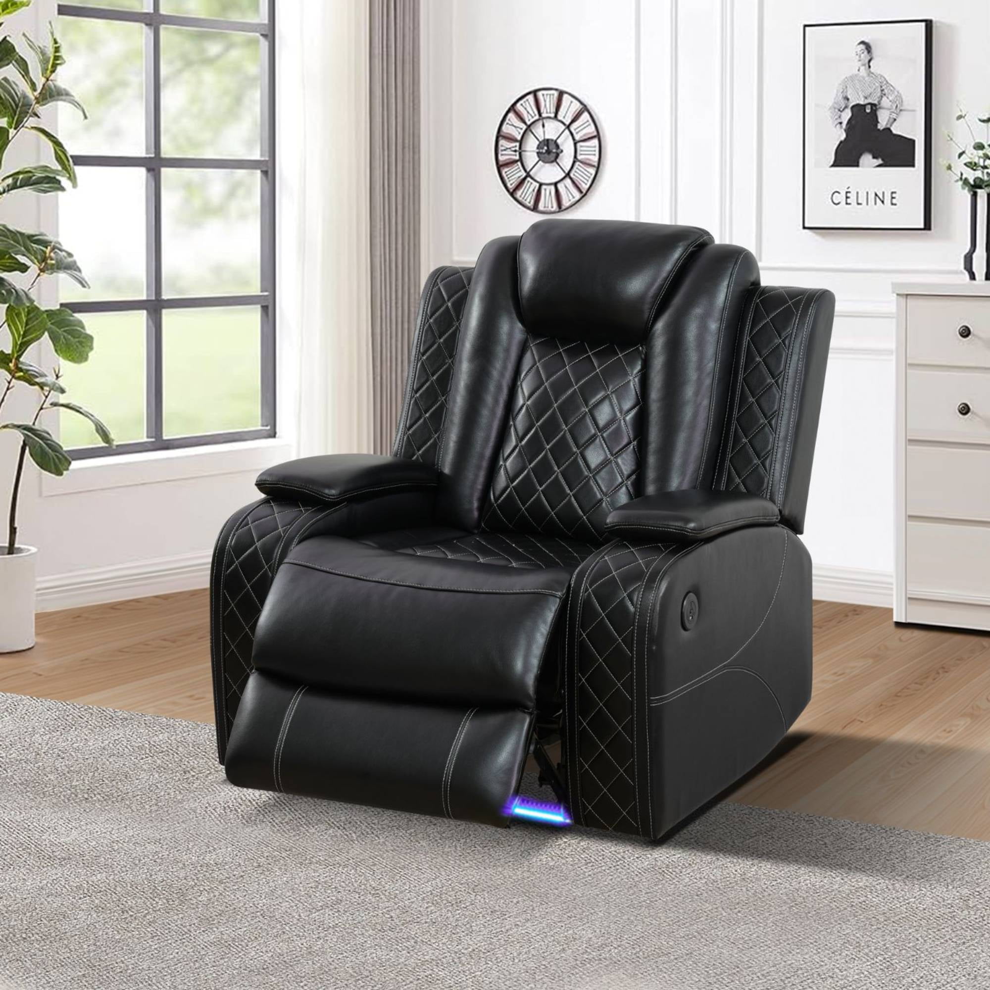 TrumanPick Power Air Leather Recliner Sofa Set with LED Lights Couches for Living Room with USB Port, Black
