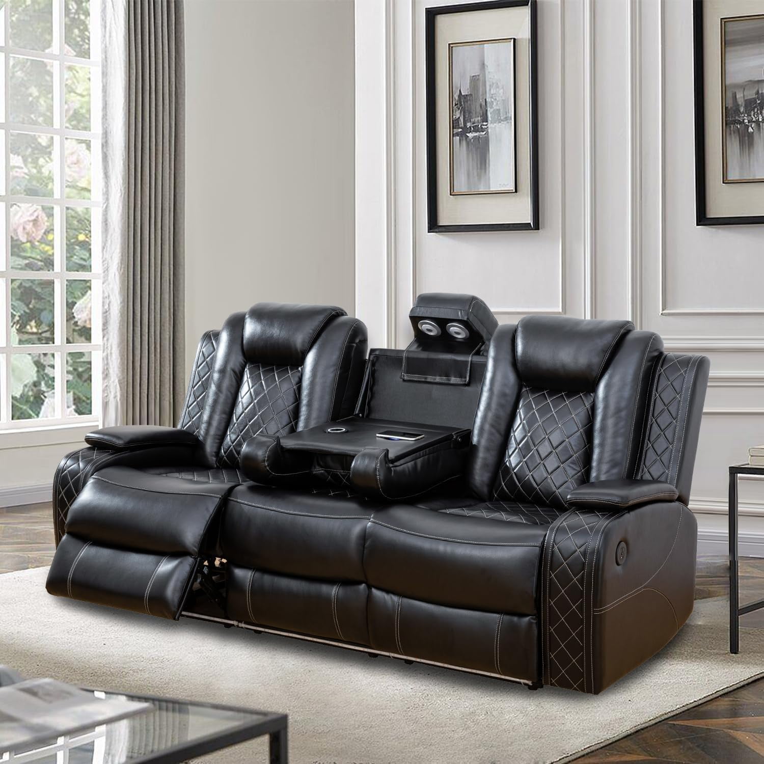 Trumanpick Power Air Leather Recliner Sofa Set with LED Lights Couches for Living Room with USB Port Cup Holders Black