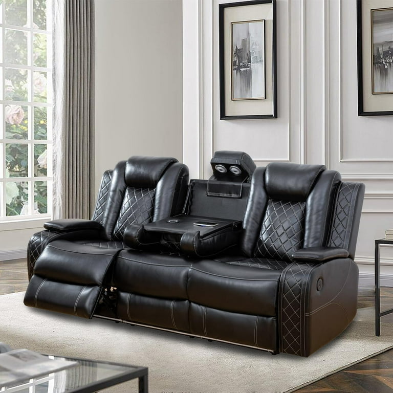 Trumanpick Power Air Leather Recliner Sofa Set with LED Lights Couches for Living Room with USB Port Cup Holders Black