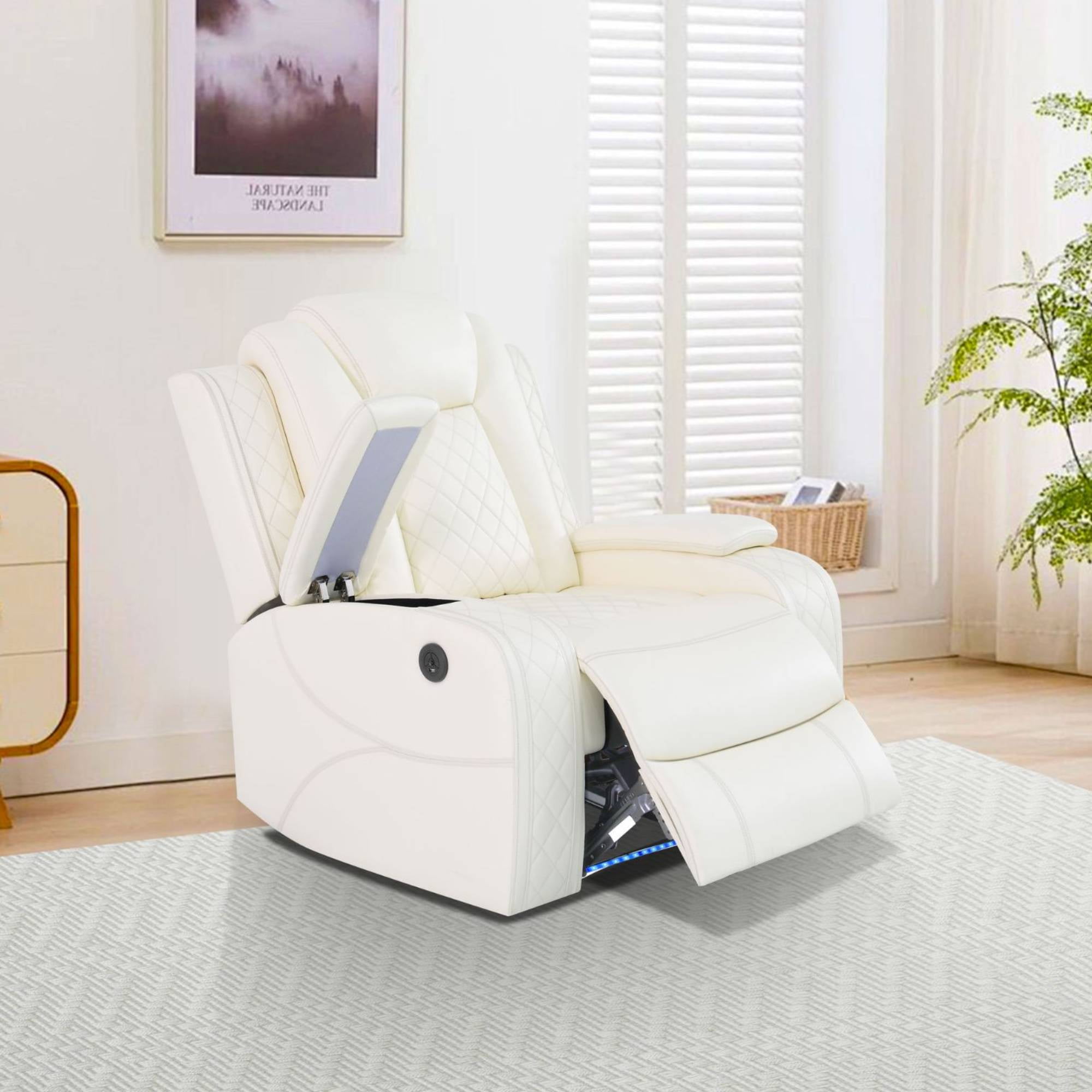 TrumanPick Power Air Leather Recliner Sofa Set with LED Lights Couches for Living Room with USB Port, Cup Holders, White