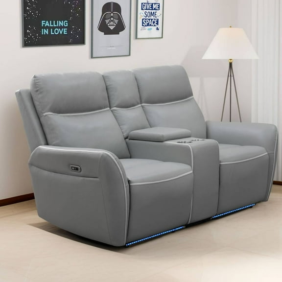 TrumanPick Power Recliner Chair with LED, 2 Seater Leather Reclining Loveseat Couch for Living Room, Grey