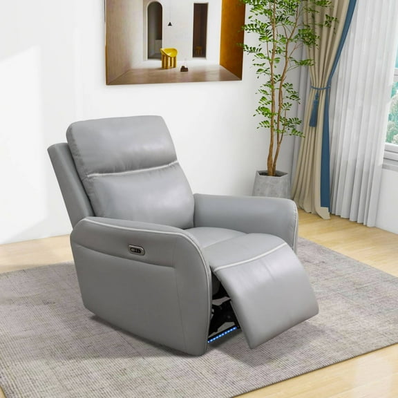 TrumanPick Power Recliner Chair with LED, Breathing Leather Reclining Sofa Couch for Living Room, Grey