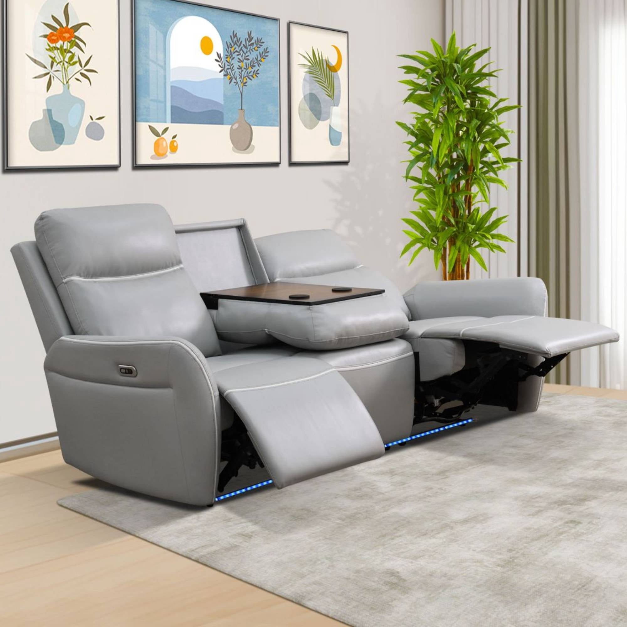 TrumanPick Power Recliner Sofa Chair with LED, 3 Seater Leather Reclining Sofa Couch for Living Room, Grey