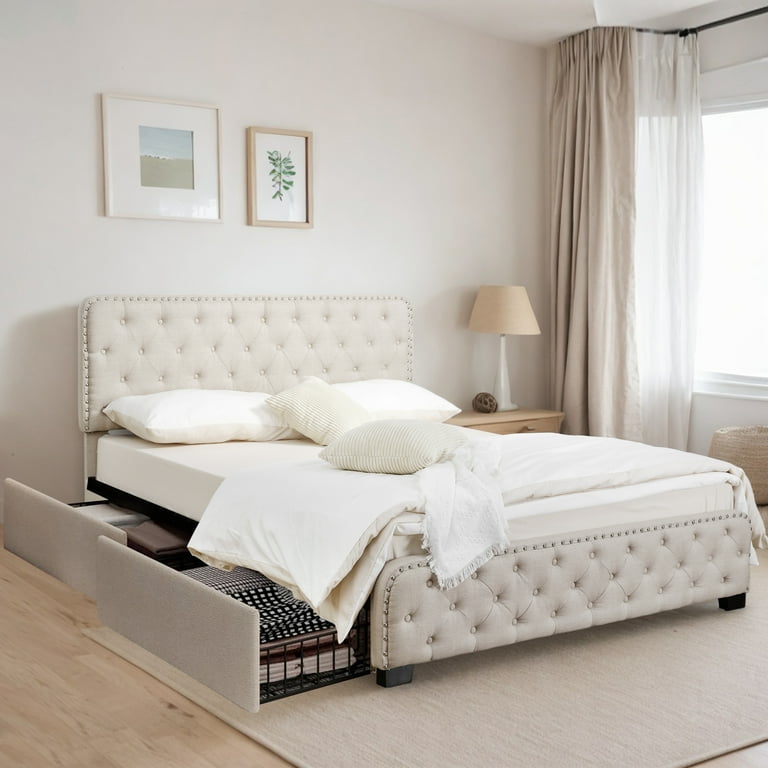 TrumanPick Queen Size 4 Drawers Bed Frame with Adjustable Upholstered Button Headboard Adult Beige