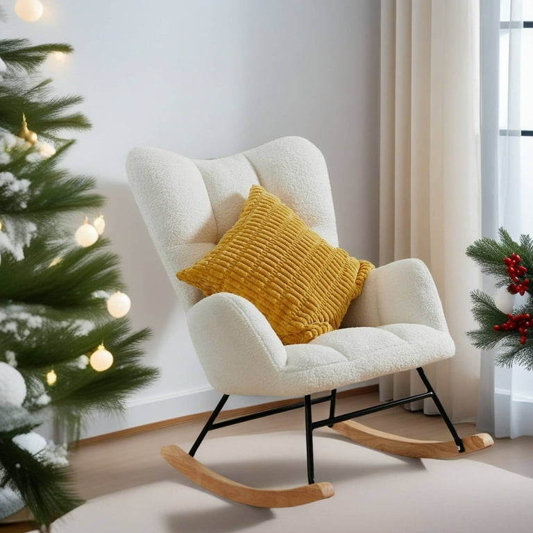 Trumanpick Teddy Upholstered Rocking Chair High Backrest Comfy Glider for Nursery Living Room White