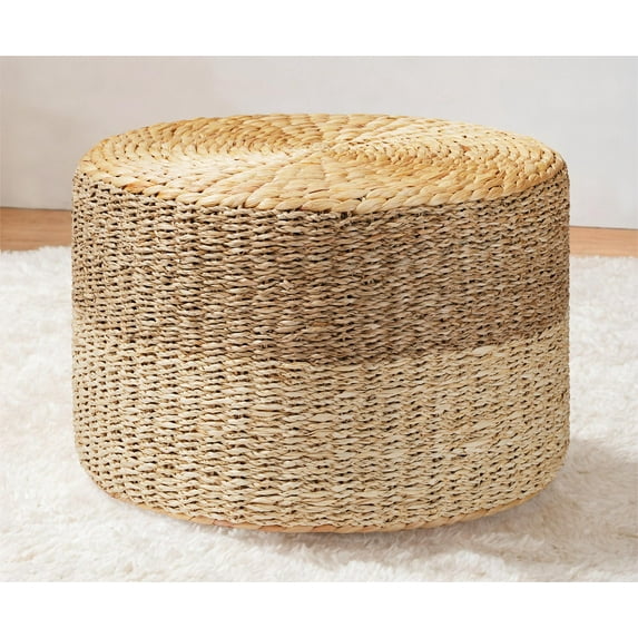 TrumanPick Seagrass Pouf Ottoman 12"H x 18"W Handmade Round Footrest for Indoor Outdoor, Natural Cattail