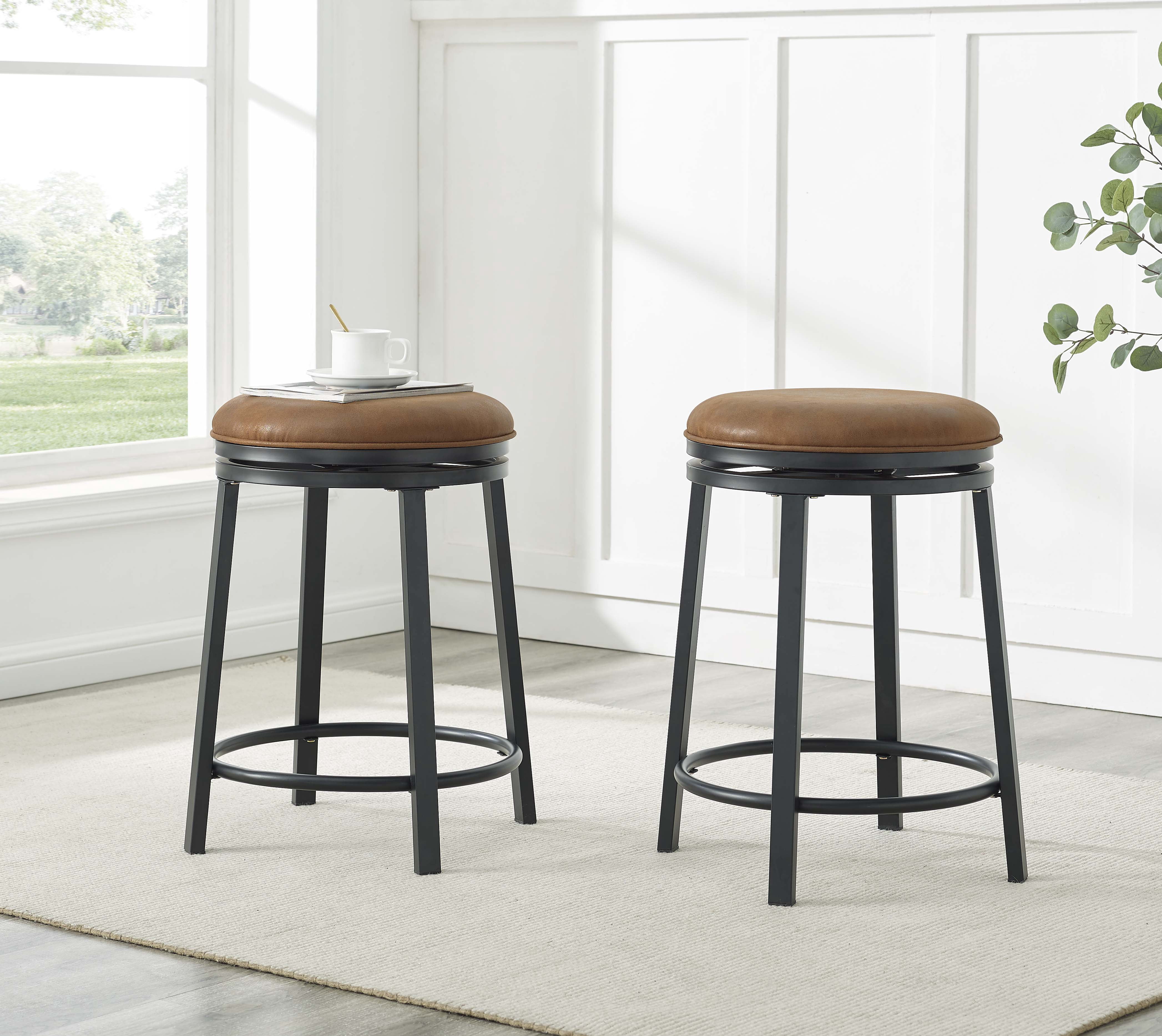TrumanPick Set of 2 Modern Counter-Height Swivel Stools, 360° Swivel, Brown Fabric Seat, Black Metal Frame