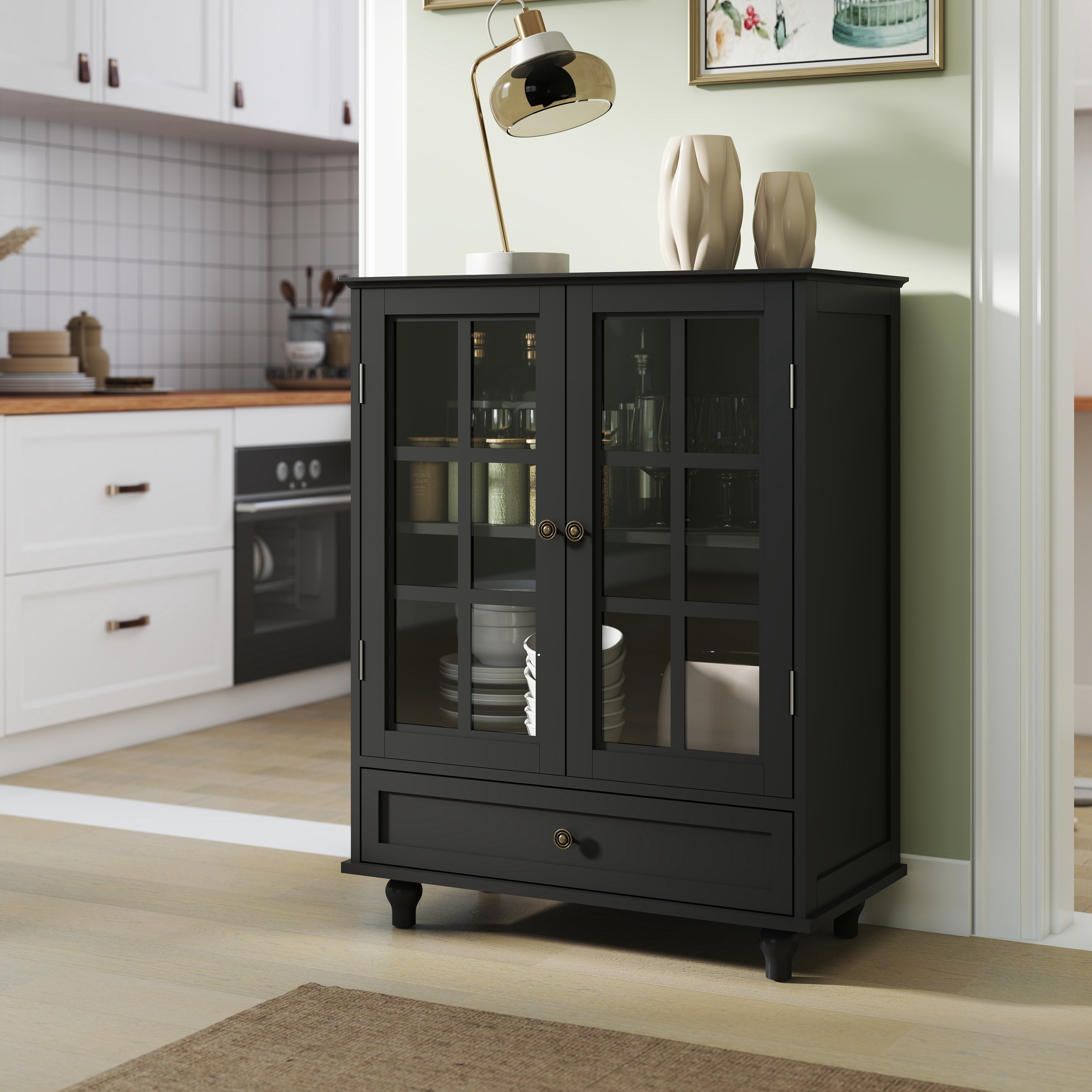TrumanPick Sideboard Buffet Cabinet with Glass Doors & Drawer - 36" Kitchen Pantry Storage Cabinet for Dining Room, Living Room Coffee Bar,Black