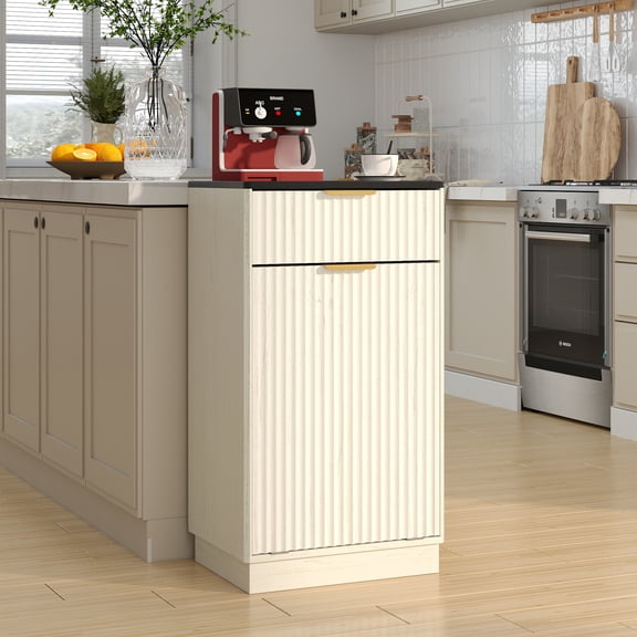 TrumanPick Single Tilt Out Trash Can Cabinet for 10 Gallon Pull-Out Waste Bin, Free Standing Kitchen Trash Can with Drawers, Ancient White