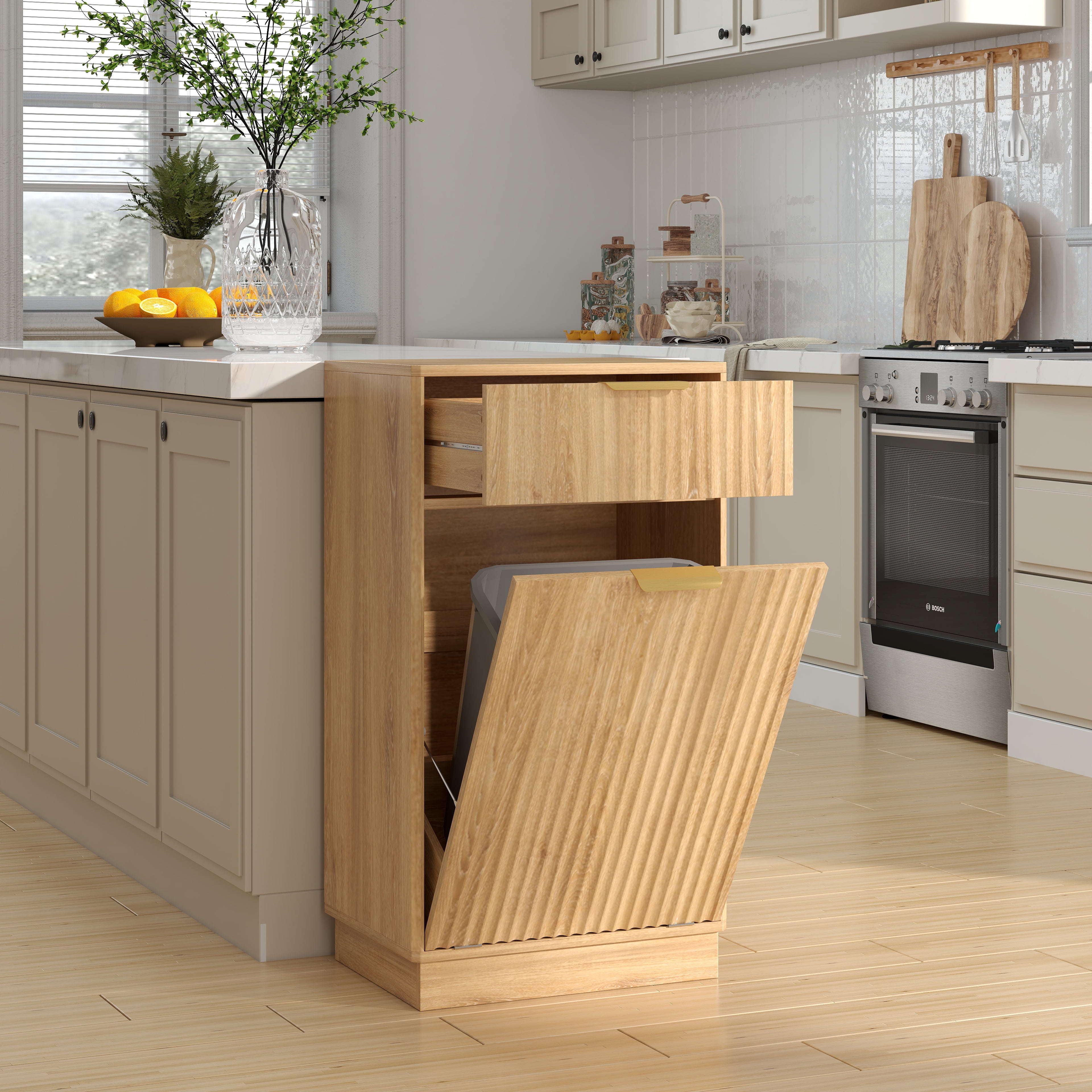 TrumanPick Single Tilt Out Trash Can Cabinet for 13 Gallon Pull-Out Waste Bin, Free Standing Kitchen Trash Can with Drawers, Oak