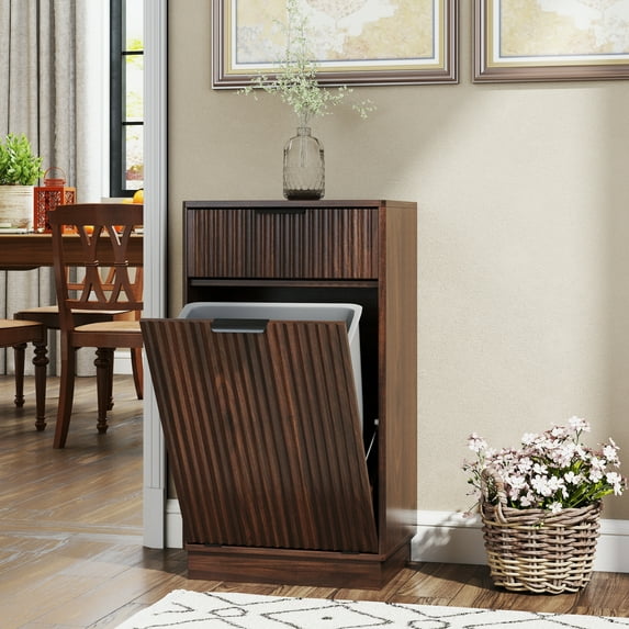 TrumanPick Single Tilt Out Trash Can Cabinet for 10 Gallon Pull-Out Waste Bin, Free Standing Kitchen Trash Can with Drawers, Walnut