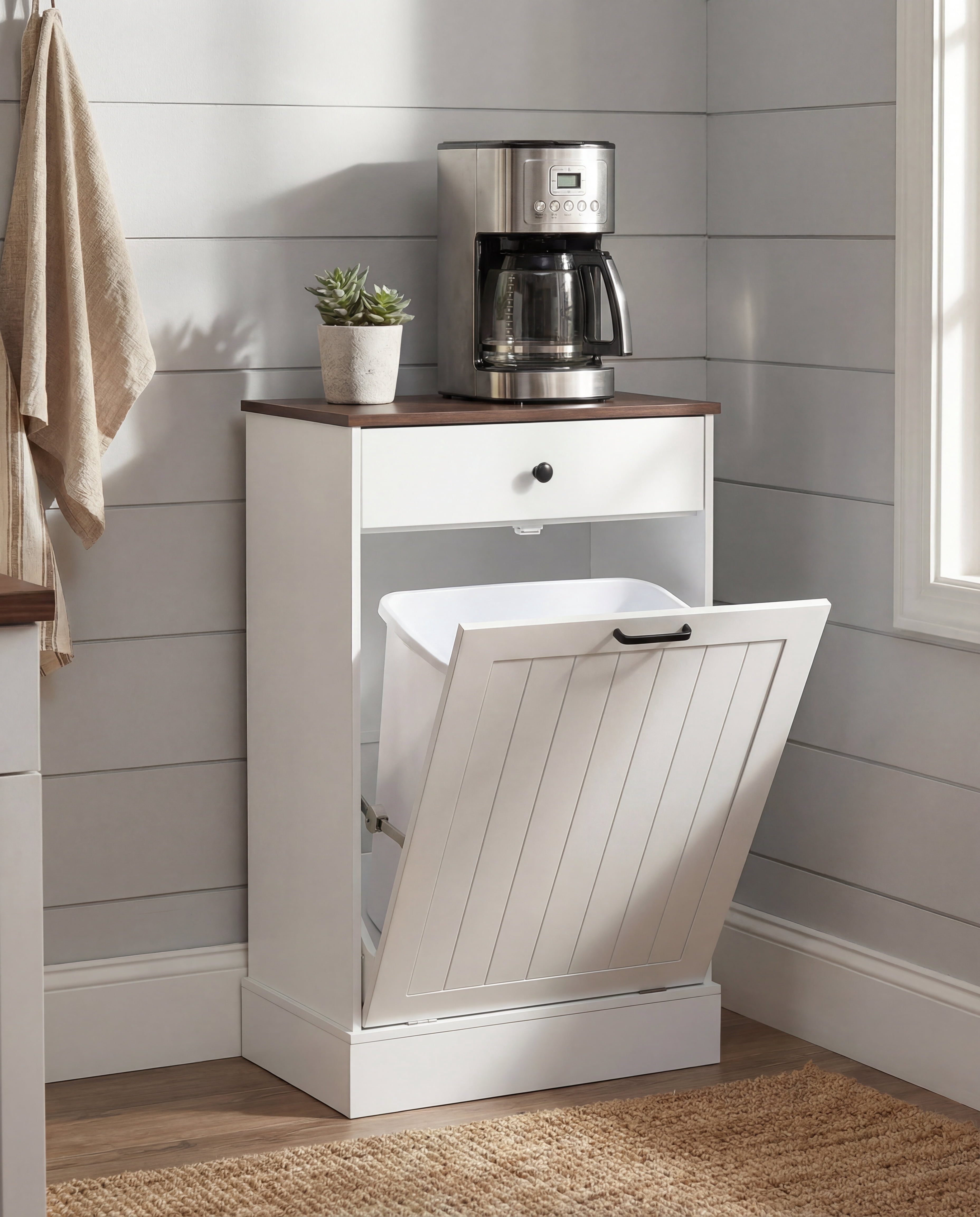 TrumanPick Single Tilt Out Trash Can Cabinet, 10 Gallon Hidden Garbage Bin Holder with Drawer, Free Standing Wooden Laundry Hamper, White Farmhouse Kitchen Trash Can