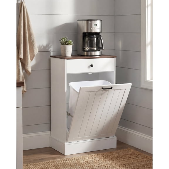 TrumanPick Single Tilt Out Trash Can Cabinet, 10 Gallon Hidden Garbage Bin Holder with Drawer, Free Standing Wooden Laundry Hamper, White Farmhouse Kitchen Trash Can
