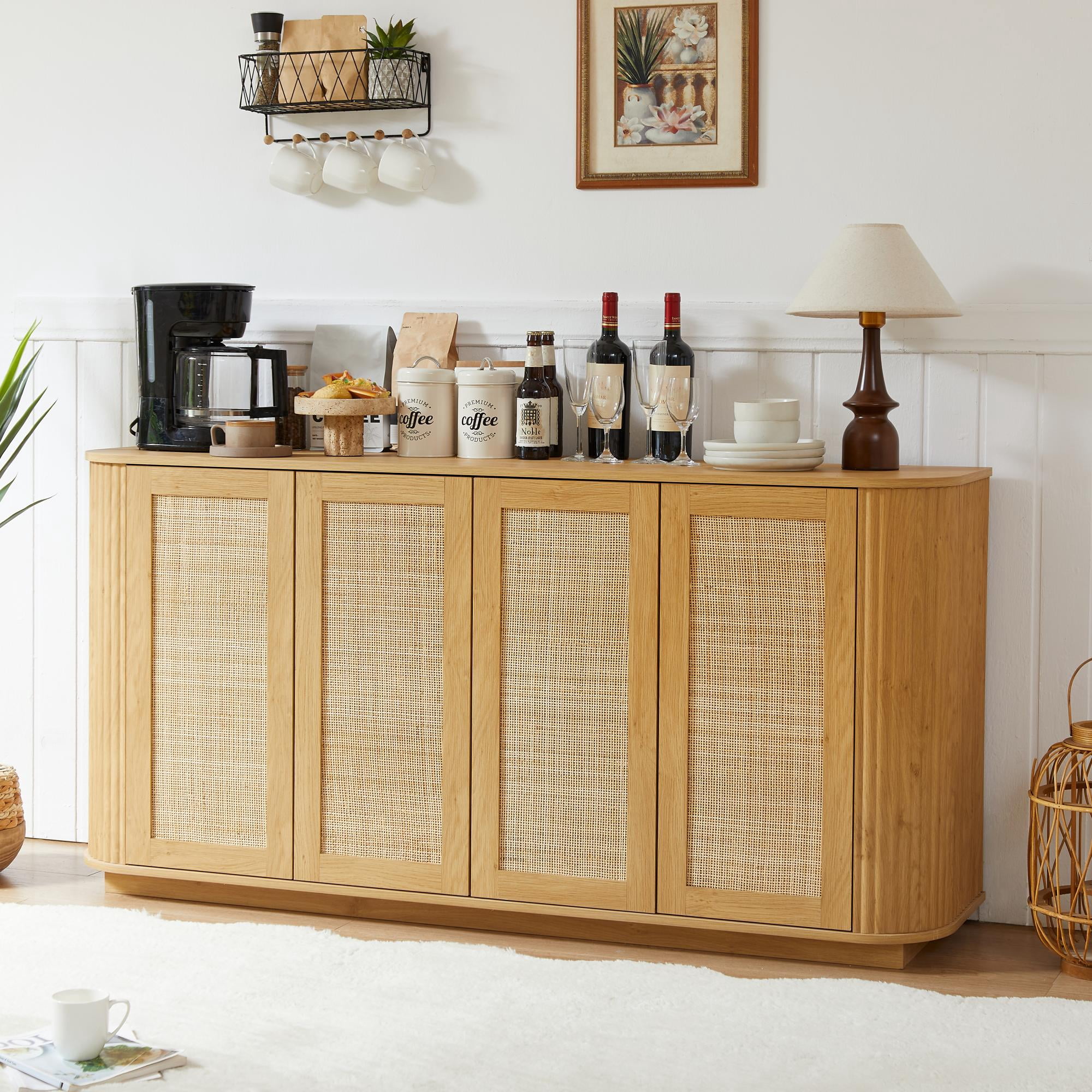 TrumanPick TV Stand for 64 Inch TV, Buffets & Sideboard Storage Cabinet with Rattan Door, Media Console for Living Room, Bedroom, 64''W x 15''D x 31.5''H, Natural Oak