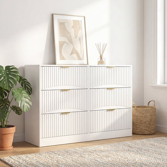 TrumanPick White Dresser 6 Drawer Dresser for Bedroom, 47"W Modern Fluted Double Dresser, White Chest of Drawers with Gold Handles, Wide Storage Cabinet for Nursery Living Room