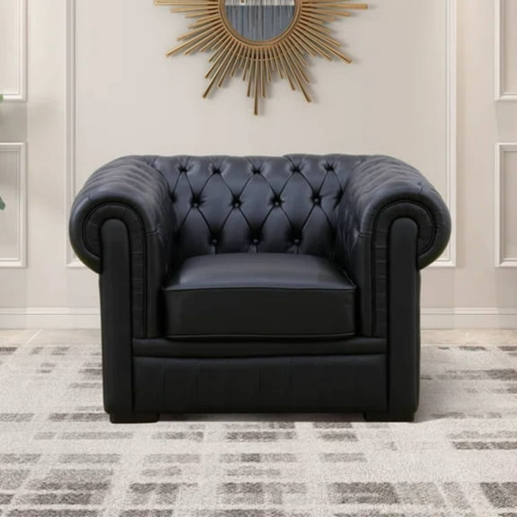 Leather Upholstered Armchair, Mid-Century Modern Single Sofa Chair with Rolled Arms for Living Room, Black