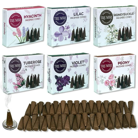 Trumiri Blossom Incense Cones - Variety Pack - Total 60 Cone Incense (6 Scents x 10 Conos) - Peony, Lilac, Violet, Honeysuckle, Hyacinth, Tuberose - Cone Incense Scents - Insense Cones - Incent Cone