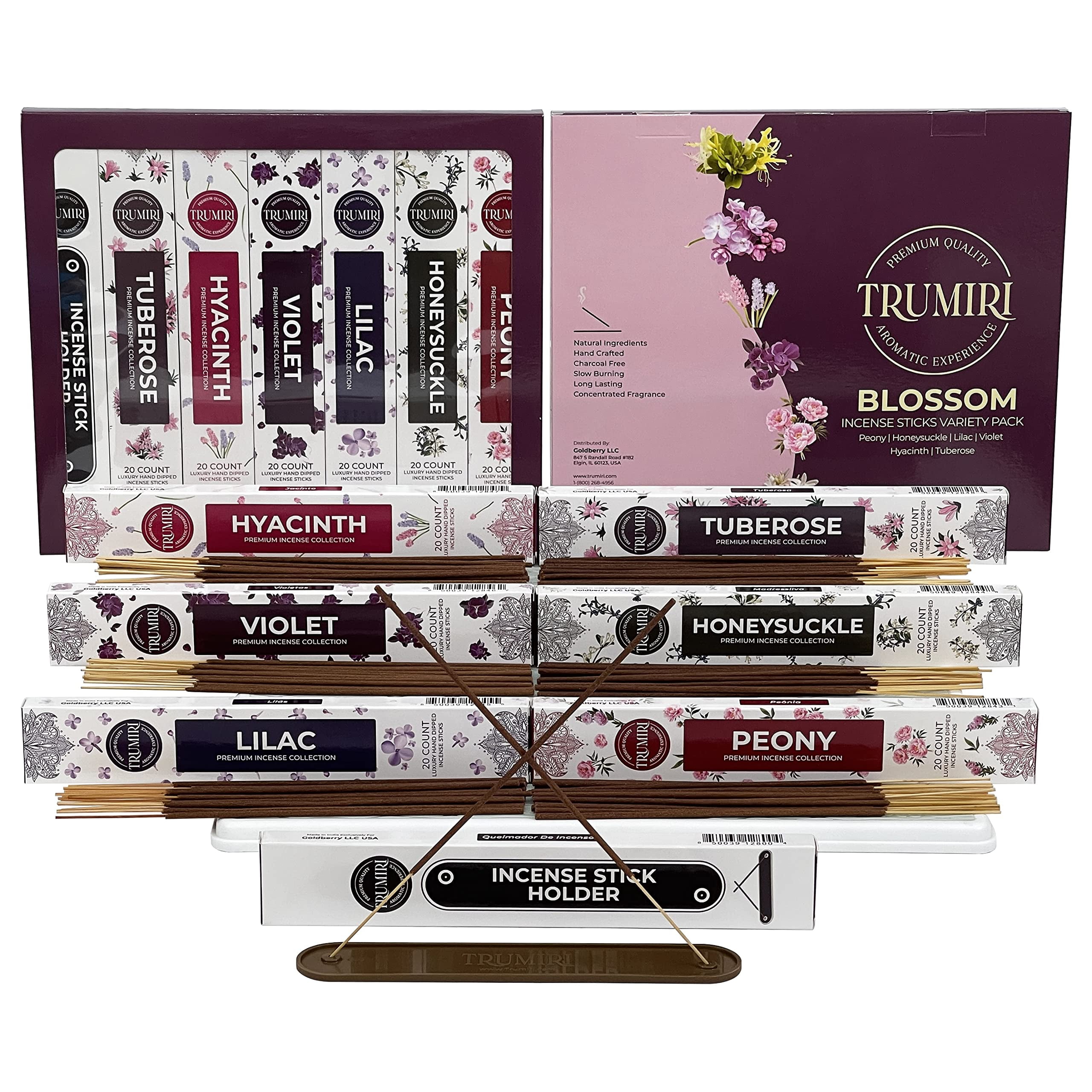 Trumiri Blossom Incense Kit Variety Pack & Incense Holder - Gift Set - 120 Inciensos Aromaticos (6 fragrances x 20 count each) - Peony, Honeysuckle, Lilac, Violet, Hyacinth, Tuberose