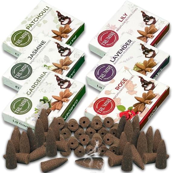Trumiri Floral Backflow Incense Cones - Variety Pack - Total 60 Incense Cones Waterfall (6 Scents X 10 Conos) - Rose, Lavender, Jasmin, Patchouli, Gardenia, Lily - Incense Backflow Cones