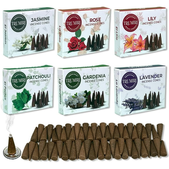 Trumiri Floral Incense Cones - Variety Pack - Total 60 Cone Incense (6 Scents x 10 Conos) - Rose, Lavender, Jasmin, Patchouli, Gardenia, Lily - Cone Incense Scents - Insense Cones - Incent Cone