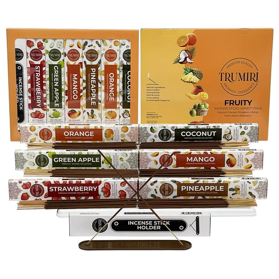 Trumiri Fruity Incense Kit Variety Pack & Incense Holder - Gift Set - 120 Incense Sticks (6 fragrances x 20 count each) - Coconut, Orange, Pineapple, Mango, Strawberry, Green Apple