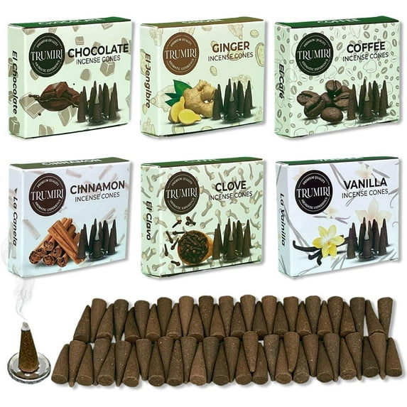 Trumiri Gourmet Incense Cones - Variety Pack - Total 60 Cone Incense (6 Scents x 10 Conos) - Vanilla, Cinnamon, Coffee, Chocolate, Clove, Ginger - Cone Incense Scents - Insense Cones - Incent Cone