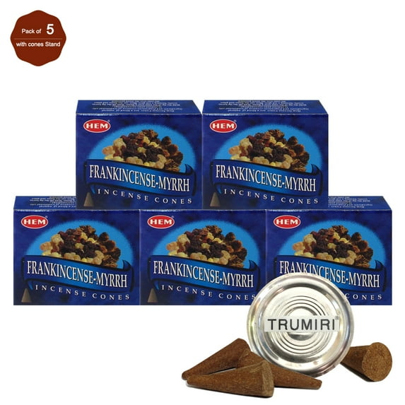 Trumiri Incense Cone Holder Bundle with Hem Frankincense Myrrh Incense Cones - Pack of 5 (approx 50 Cones)