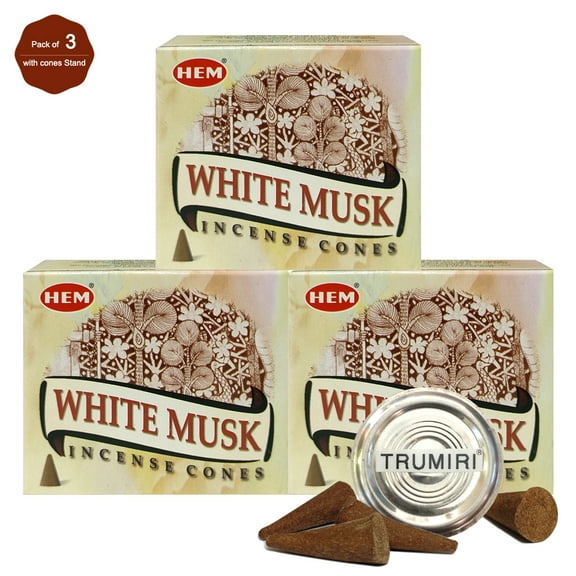 Trumiri Incense Cone Holder Bundle with Hem White Musk Incense Cones - Pack of 3 (approx 30 Cones)